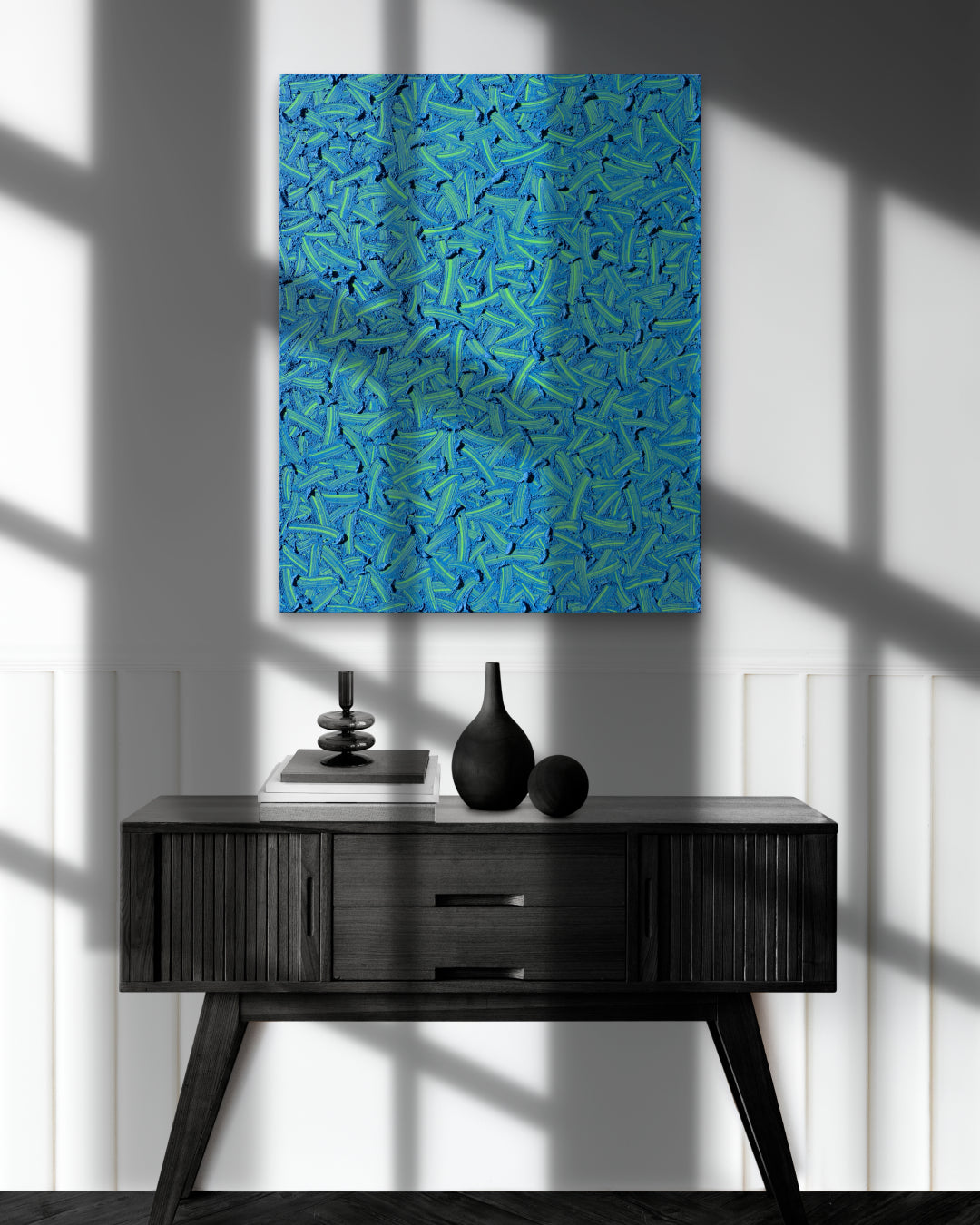Flow of the Inner Eyes III by Kim Woon Kyu displayed in modern living room, original Korean painting 2024
