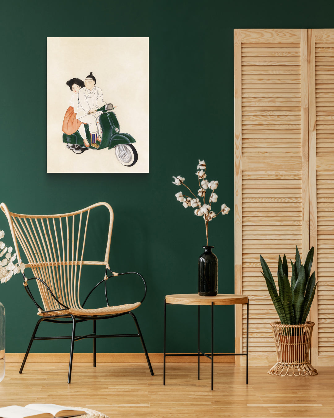 A Day to Look Forward To 3 by Ham Bo Kyung displayed in modern living room, original Korean silk painting 2023