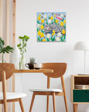 Afternoon in the Flower Field by Aira Choi displayed in modern living room, original Korean painting 2022