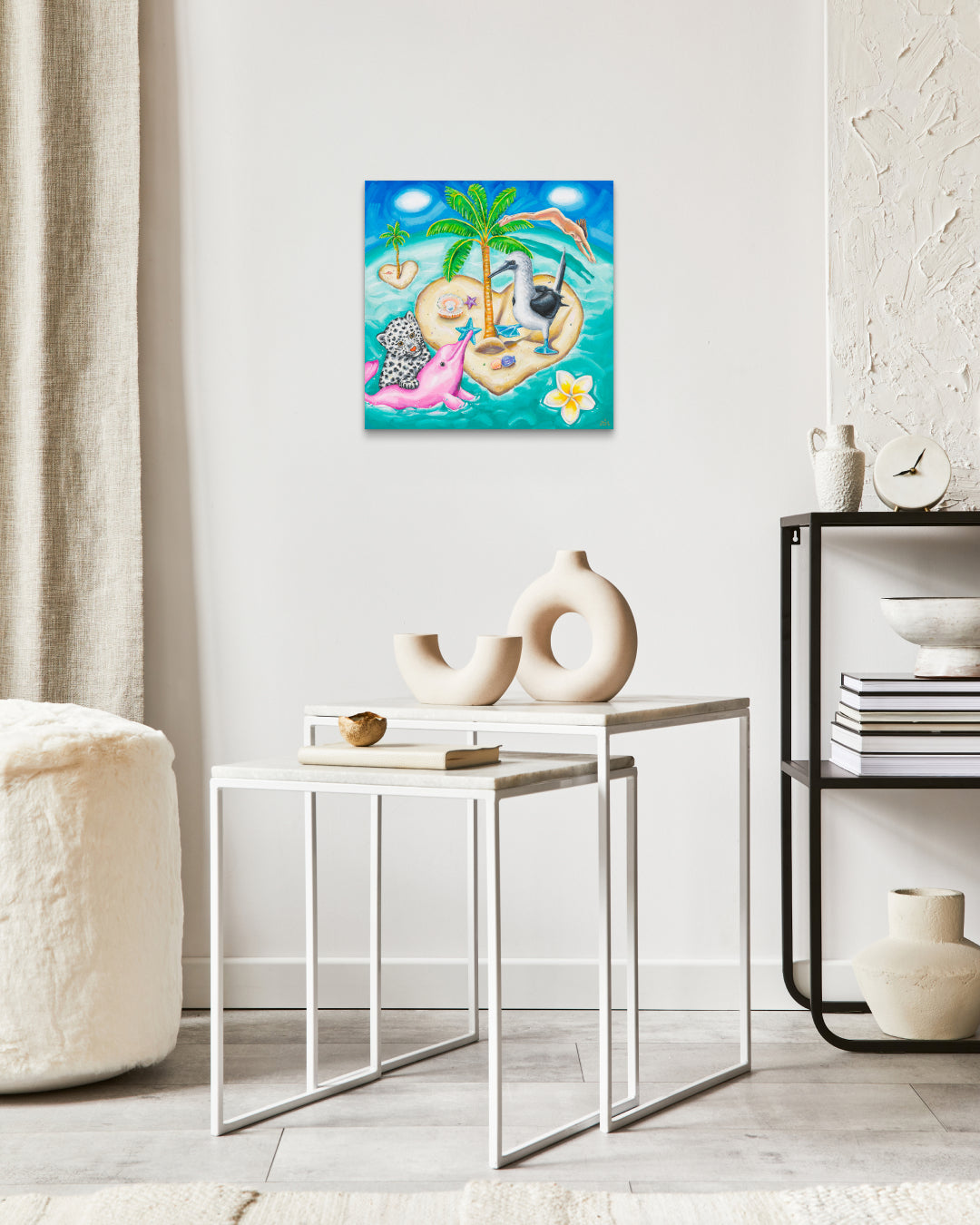 Afternoon of Heart Island by Aira Choi displayed in modern living room, original Korean painting 2024