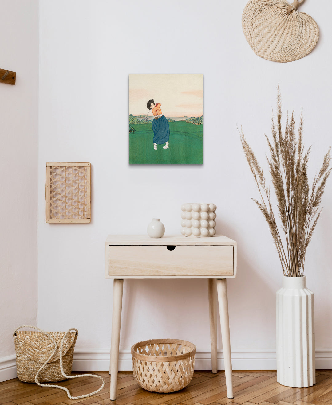 All the Moments We Shared 10 by Ham Bo Kyung displayed in modern living room, original Korean silk painting 2024