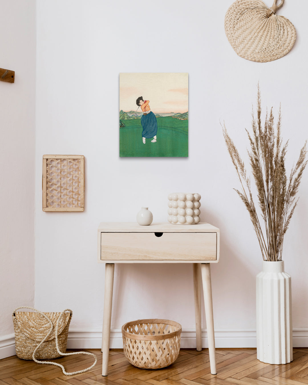 All the Moments We Shared 10 by Ham Bo Kyung displayed in modern living room, original Korean silk painting 2024