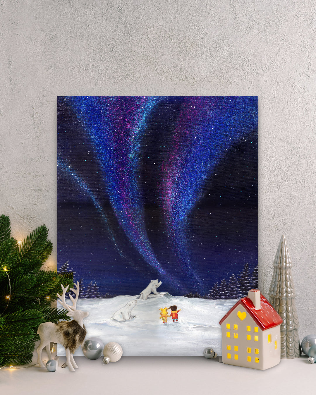 Aurora shining on a winter night 2 by Mint displayed in modern living room, original Korean painting 2023