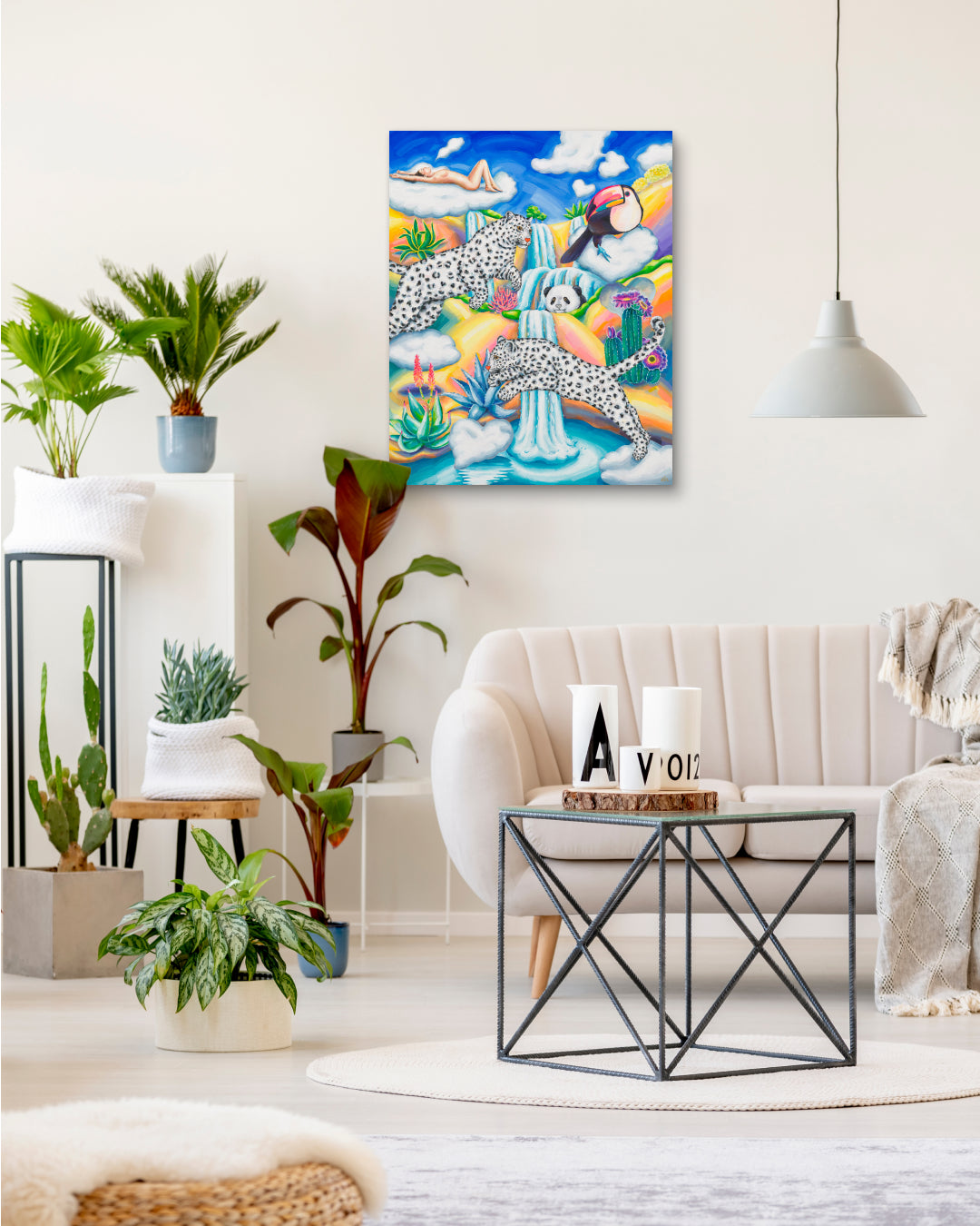 Cloudy Waterfall by Aira Choi displayed in modern living room, original Korean painting 2024