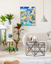 Cloudy Waterfall by Aira Choi displayed in modern living room, original Korean painting 2024