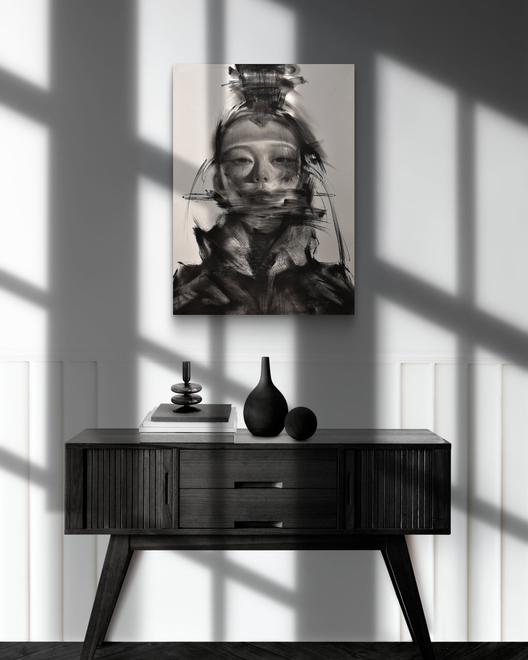 DOL Series#D2437 by Lee.K displayed in modern living room, original Korean charcoal drawing 2024