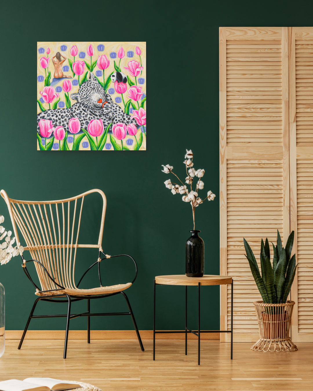 Grooming Time by Aira Choi displayed in modern living room, original Korean painting 2022