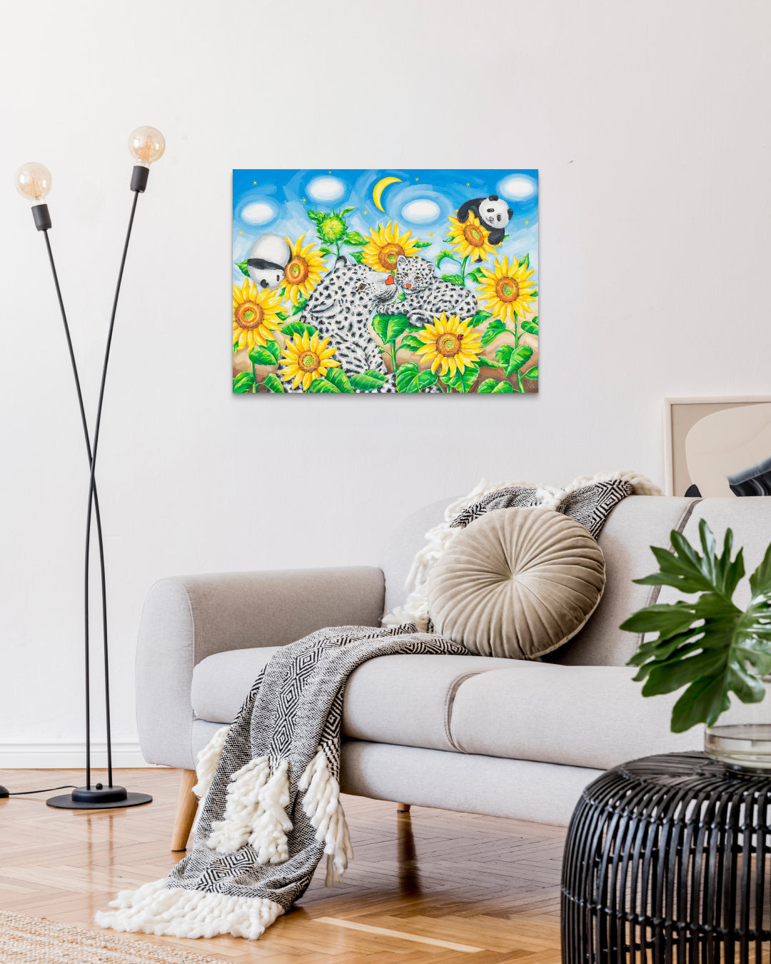 Happy Afternoon by Aira Choi displayed in modern living room, original Korean painting 2024