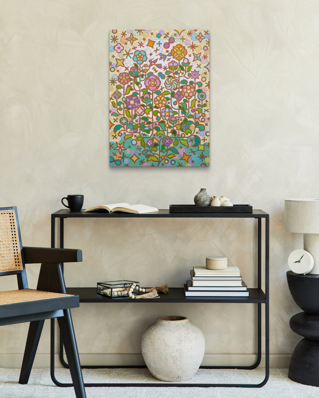 Humming garden 20-8 by Kim Young-jin displayed in modern living room, original Korean painting 2025