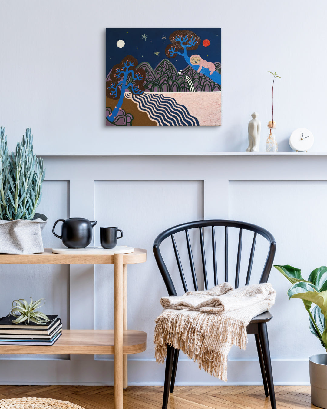 Irworobongdo Sun, Moon and Five Peaks by Anna Song displayed in modern living room, original Korean painting 2023