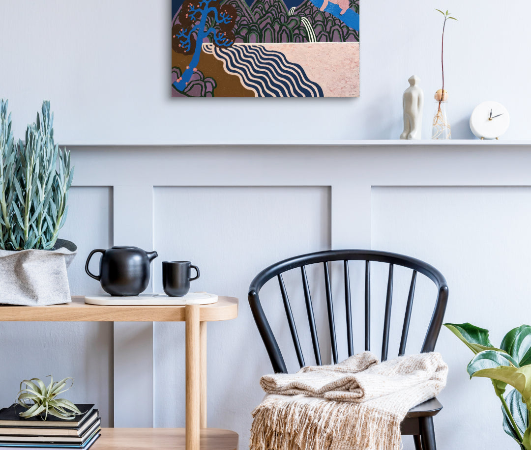 Irworobongdo Sun, Moon and Five Peaks by Anna Song displayed in modern living room, original Korean painting 2023
