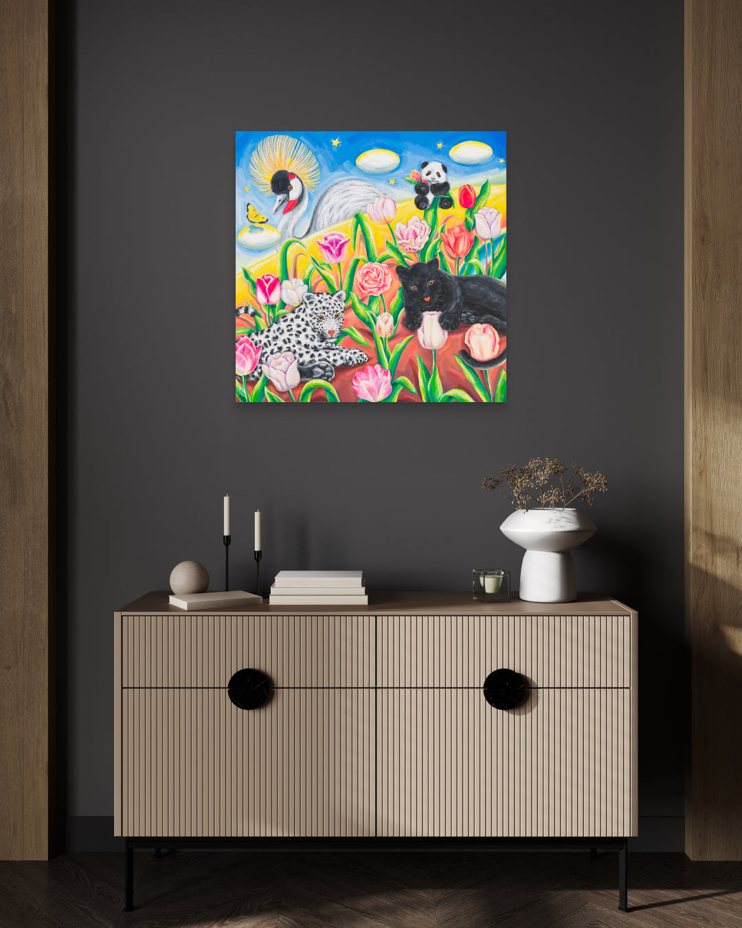 Journey to Paradise Summer by Aira Choi displayed in modern living room, original Korean painting 2023