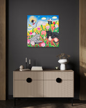 Journey to Paradise Summer by Aira Choi displayed in modern living room, original Korean painting 2023