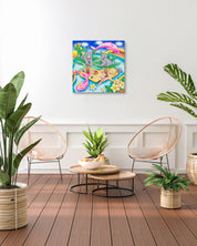 Journey to Paradise by Aira Choi displayed in modern living room, original Korean painting 2023