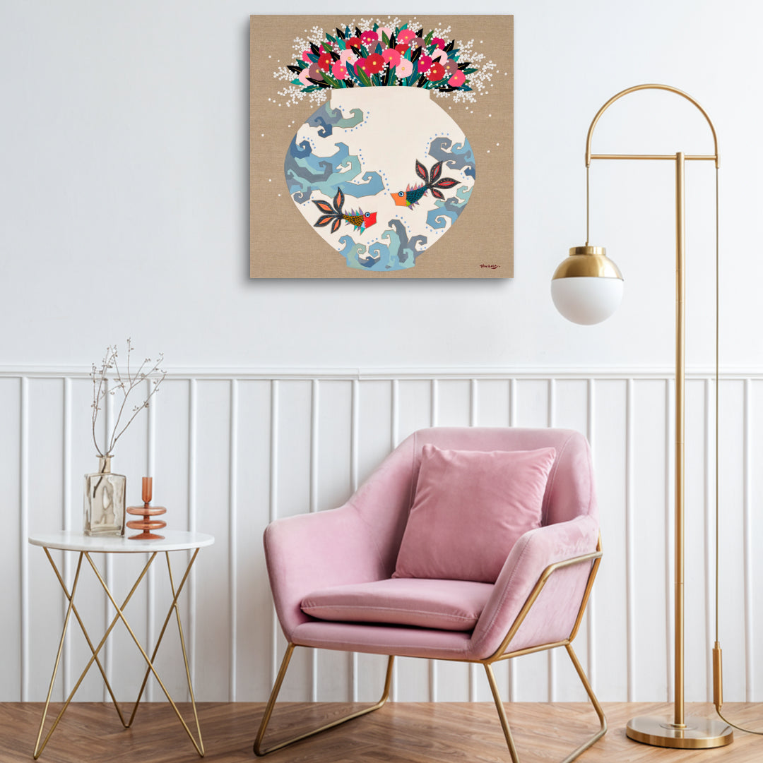 Moon Jar Embracing Love I by Hwang Jeong Hee displayed in modern living room, original Korean painting 2023