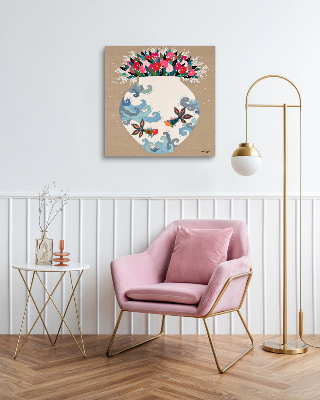 Moon Jar Embracing Love I by Hwang Jeong Hee displayed in modern living room, original Korean painting 2023