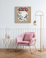 Moon Jar Embracing Love I by Hwang Jeong Hee displayed in modern living room, original Korean painting 2023