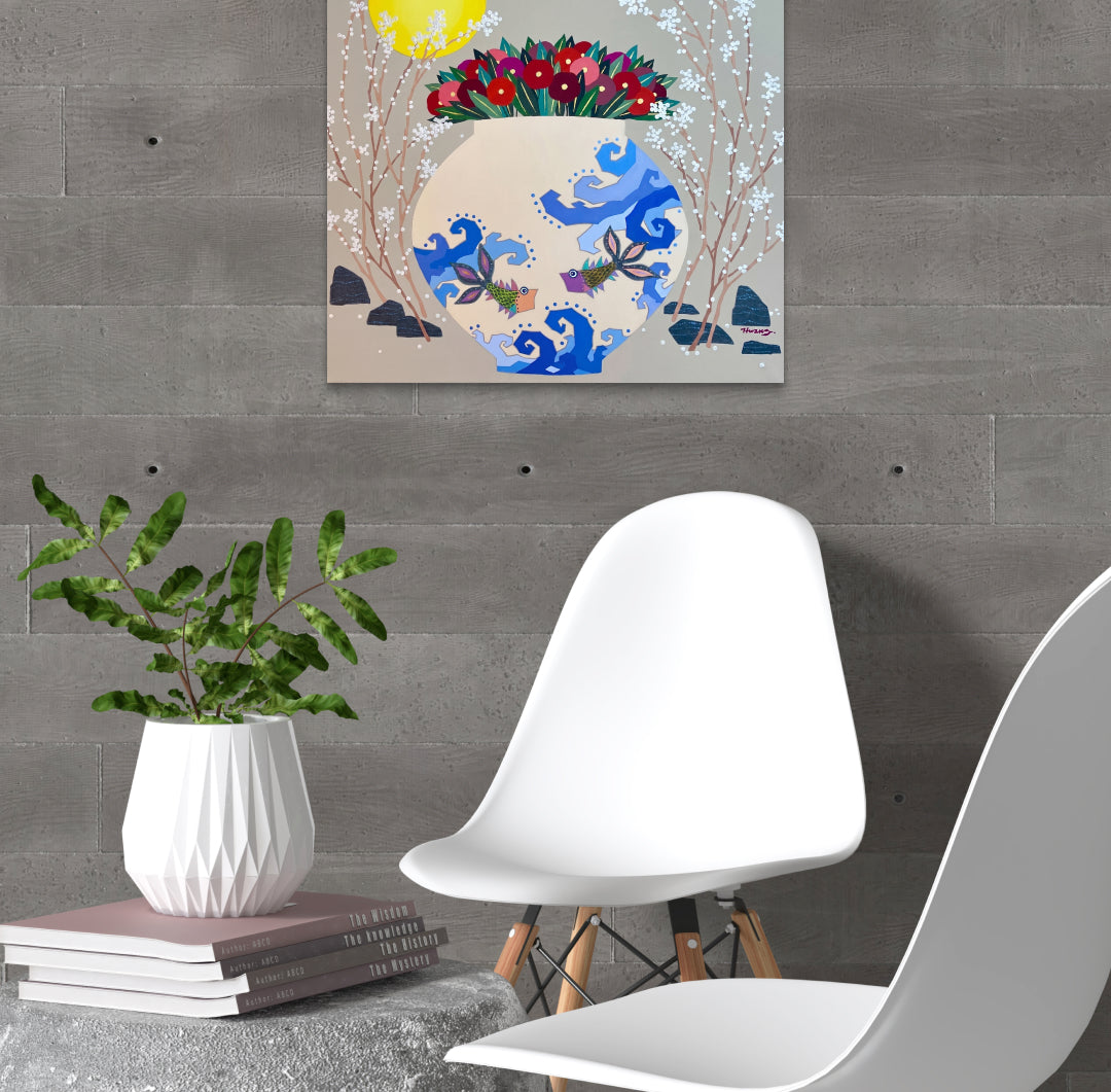 Moon Jar Embracing Love II by Hwang Jeong Hee displayed in modern living room, original Korean painting 2024