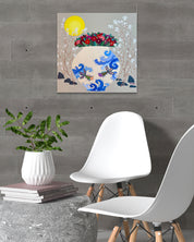 Moon Jar Embracing Love II by Hwang Jeong Hee displayed in modern living room, original Korean painting 2024