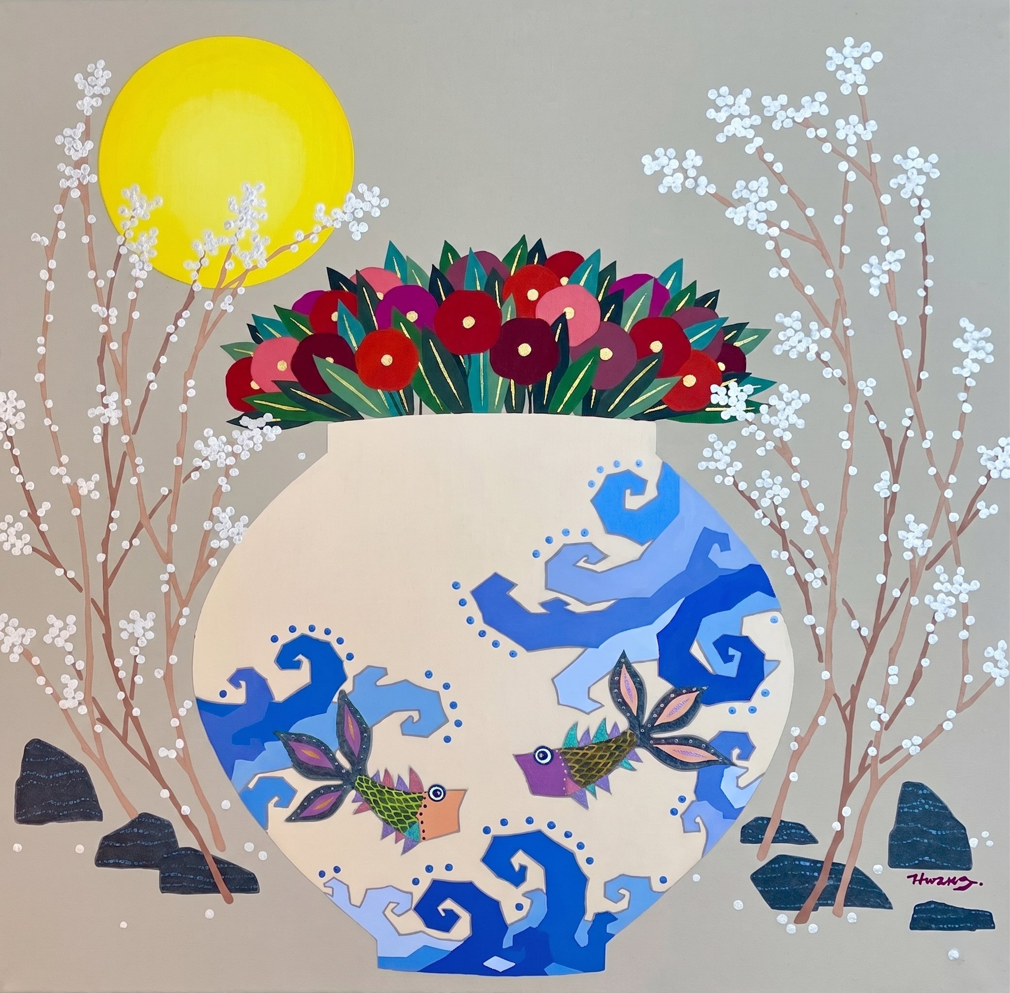Moon Jar Embracing Love II - Acrylic on Canvas 60.6x60.6cm by Hwang Jeong Hee, Korean Contemporary Art 2024