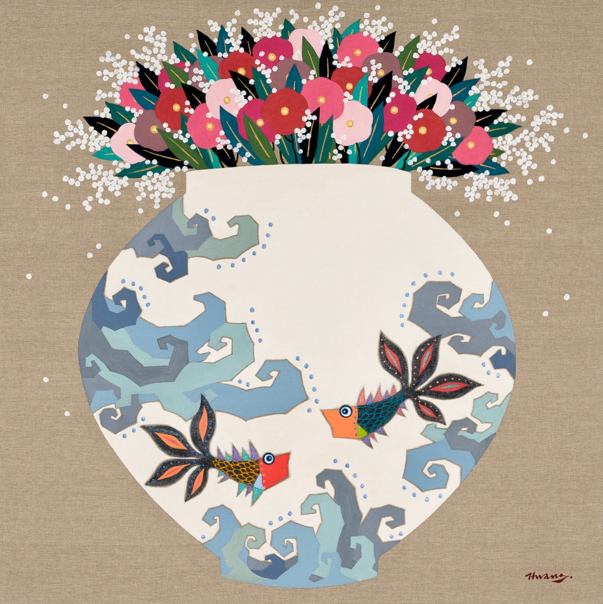 Moon Jar Embracing Love I - Acrylic on Canvas 60.6x60.6cm by Hwang Jeong Hee, Korean Contemporary Art 2023