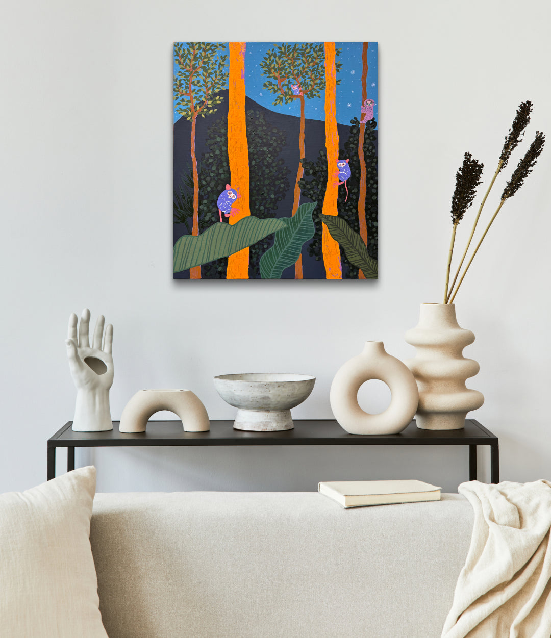 The Jungle of the Glasses Monkey by Anna Song displayed in modern living room, original Korean painting 2024