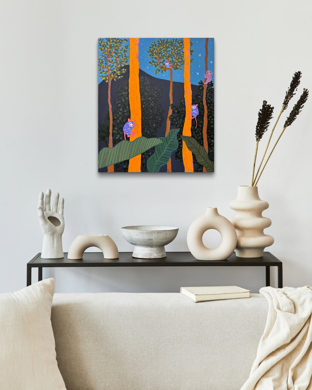 The Jungle of the Glasses Monkey by Anna Song displayed in modern living room, original Korean painting 2024