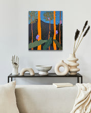 The Jungle of the Glasses Monkey by Anna Song displayed in modern living room, original Korean painting 2024
