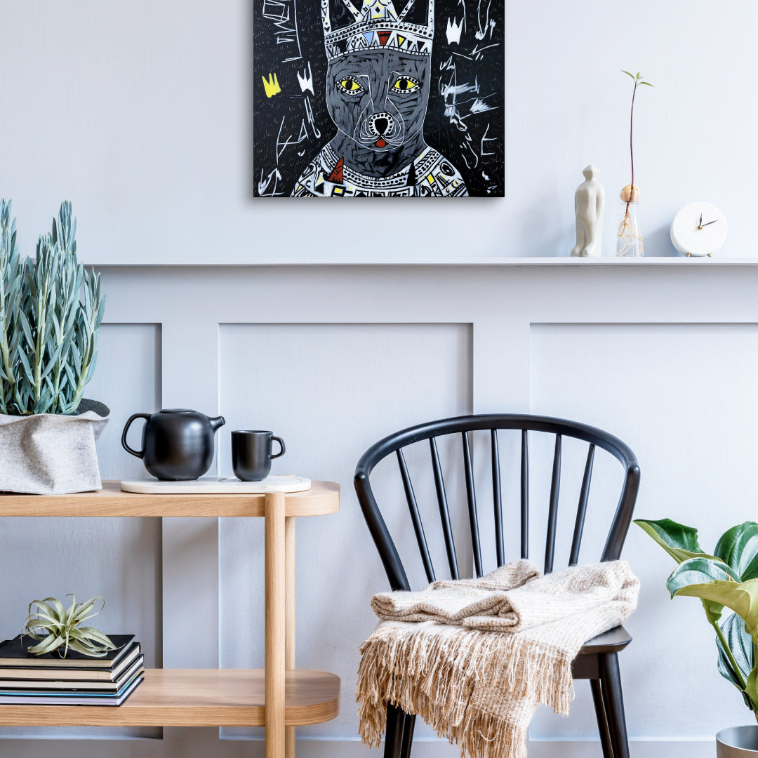 The Greedy King I by Jeon Byung Taek displayed in modern living room, original Korean painting 2024
