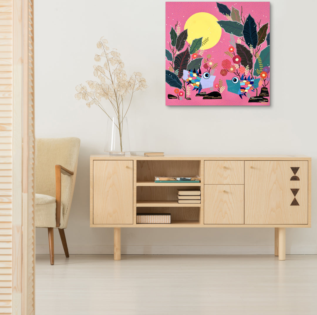 The Day the Blossoms Fell Like Snow by Hwang Jeong Hee displayed in modern living room, original Korean painting 2023