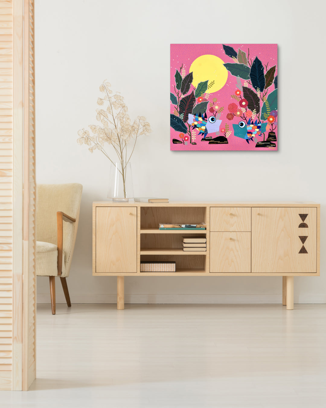 The Day the Blossoms Fell Like Snow by Hwang Jeong Hee displayed in modern living room, original Korean painting 2023