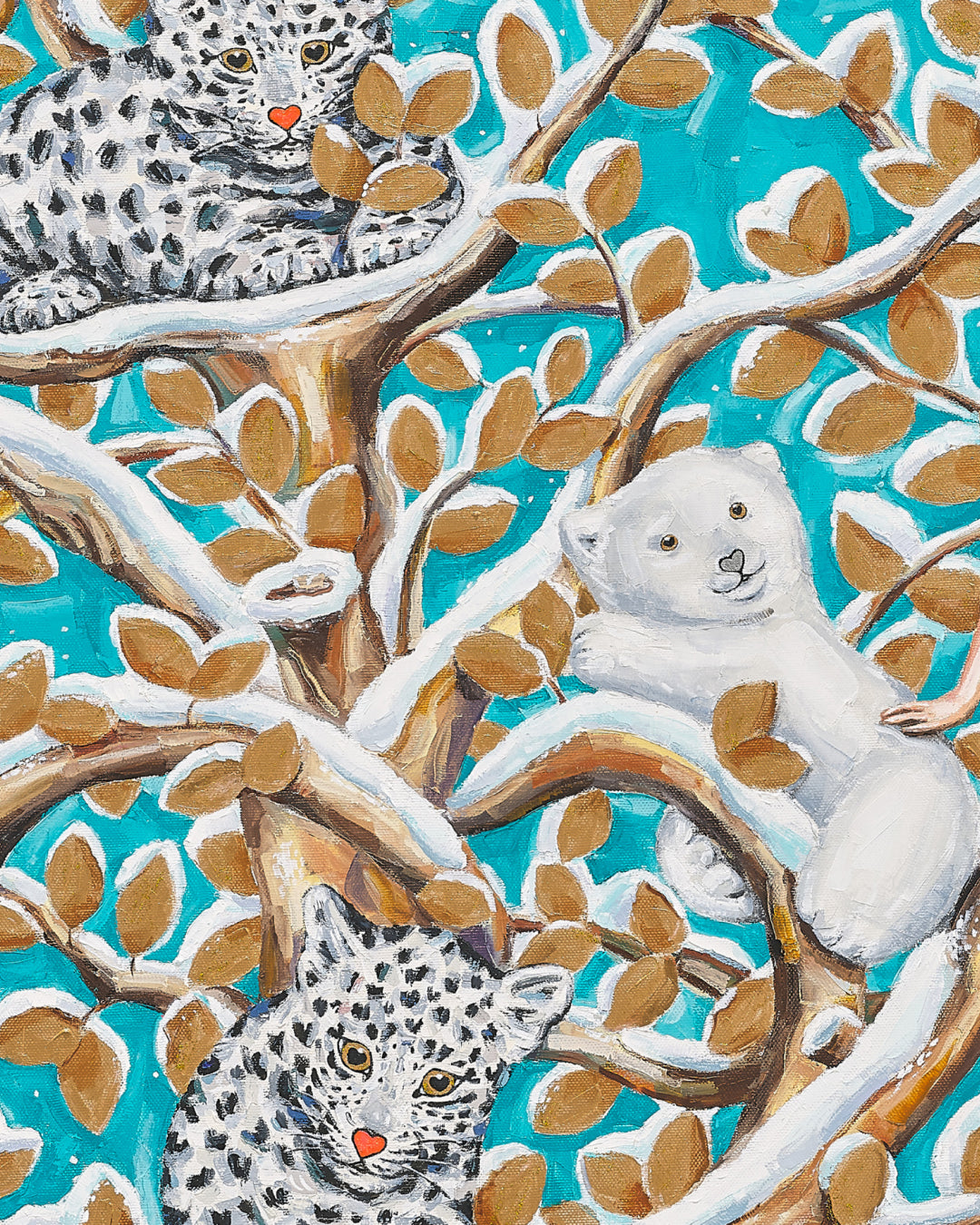 The Snowy Tree of Love close-up detail, metal knife brushwork texture by Korean artist Aira Choi