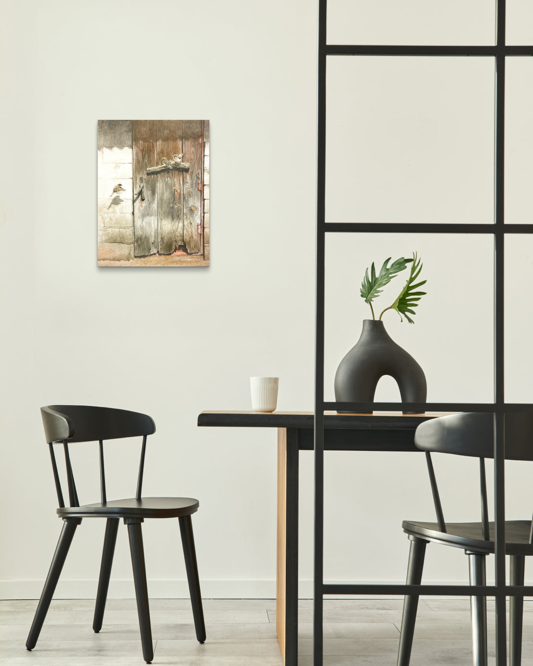 The Time of Home I by Park So Jung displayed in modern living room, original Korean watercolor painting 2023