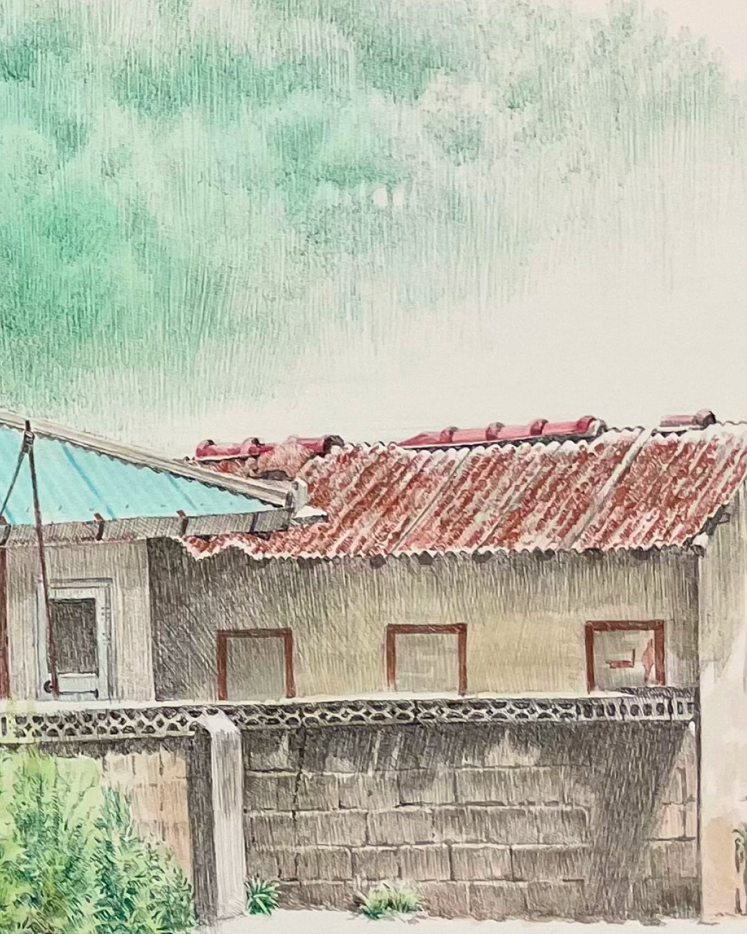 The Time of Home III surface detail - watercolor and pen on paper by Park So Jung, Korean fine art 2023