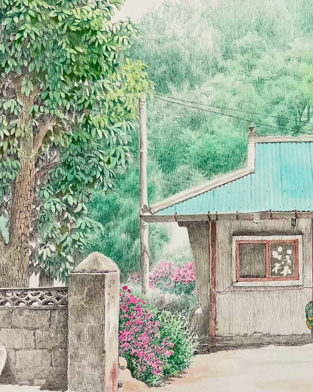 The Time of Home III close-up detail, watercolor and pen on paper texture by Korean artist Park So Jung