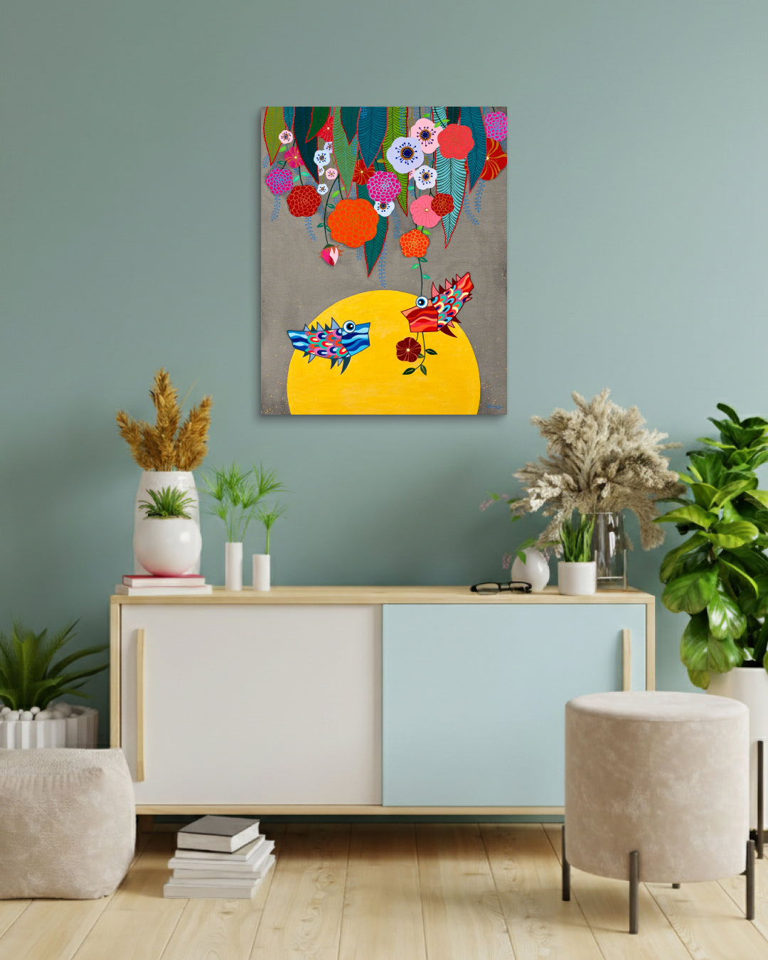 Whispers in the Moonlight by Hwang Jeong Hee displayed in modern living room, original Korean painting 2022