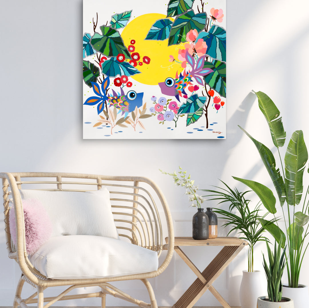 Whispers of Love by Hwang Jeong Hee displayed in modern living room, original Korean painting 2023