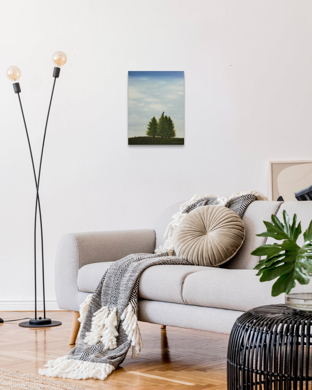 Wooden Chair by Min Yul displayed in modern living room, original Korean landscape painting 2025