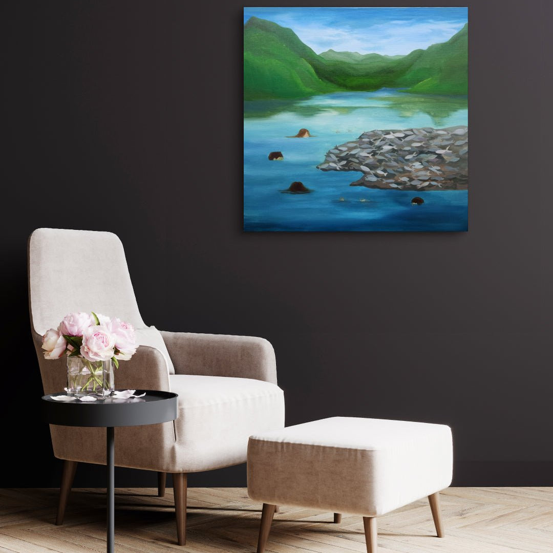 A Leap into Silence by Sijin Lee displayed in modern living room, original Korean painting 2025