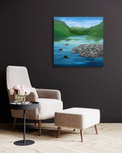 A Leap into Silence by Sijin Lee displayed in modern living room, original Korean painting 2025