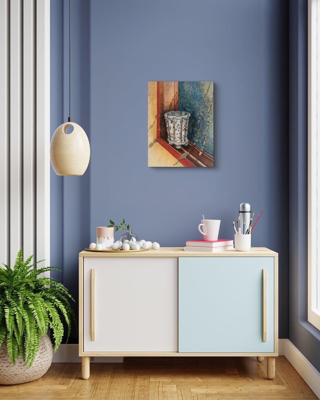Korean contemporary painting A Moment on the Window Frame by Min-kyung Kim, interior wall art decor