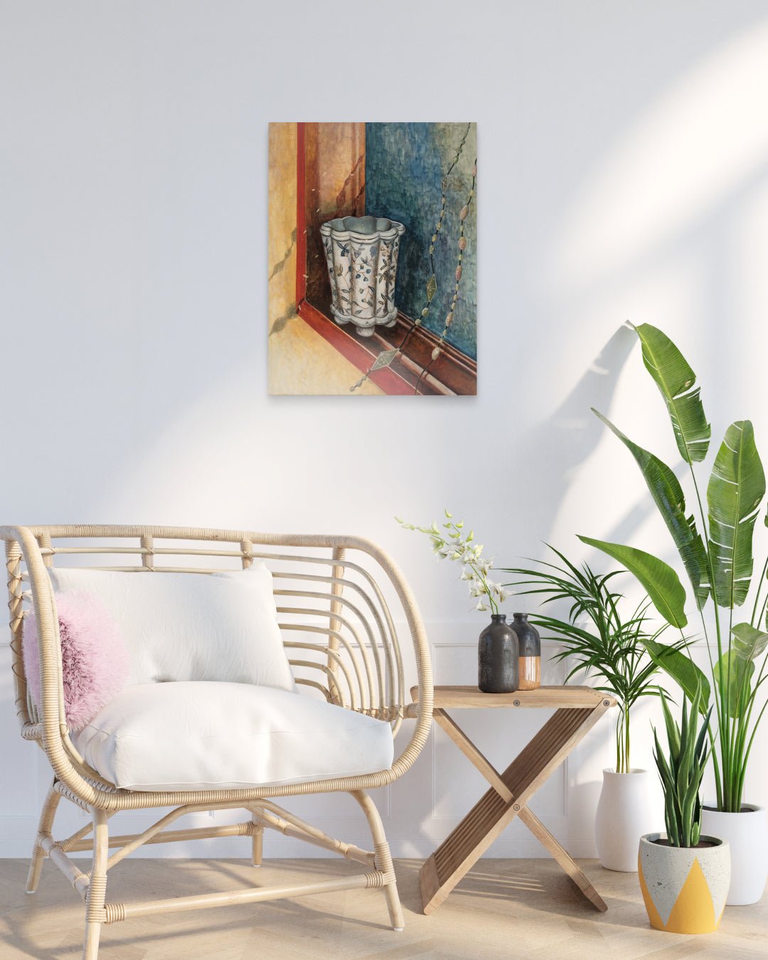 A Moment on the Window Frame by Min-kyung Kim displayed in modern living room, original Korean painting 2025