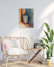 A Moment on the Window Frame by Min-kyung Kim displayed in modern living room, original Korean painting 2025