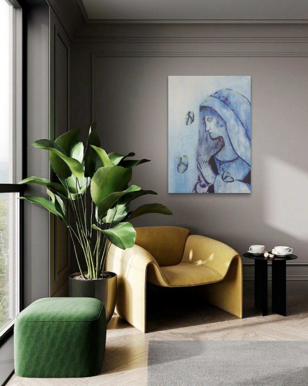 korean art, A Small Comfort for Those Seeking Salvation - DOKHBI ARTWORKS KIM JEONG YONG Painting ARTWORKS dokkaebi dokebi k - art A Small Comfort for Those Seeking Salvation by KIM JEONG YONG displayed in modern living room, original Korean ink painting 2021 DOKHBI