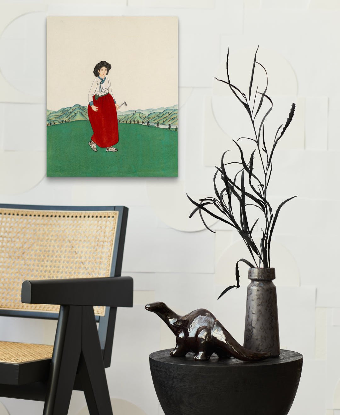 korean art, All the Moments We Shared 9 - DOKHBI $1000 ARTWORKS Ham Bo Kyung ARTWORKS dokkaebi dokebi k - art All the Moments We Shared 9 by Ham Bo Kyung displayed in modern living room, original Korean silk painting 2024 DOKHBI