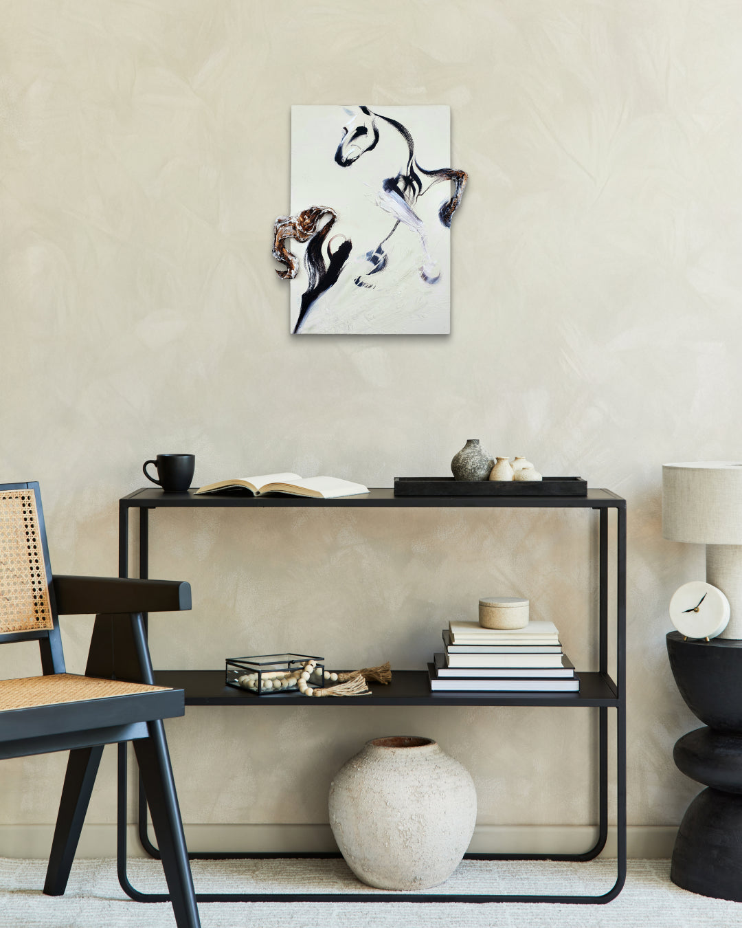 Aloud by SHIN EUNG displayed in modern living room, original Korean mixed media artwork 2021