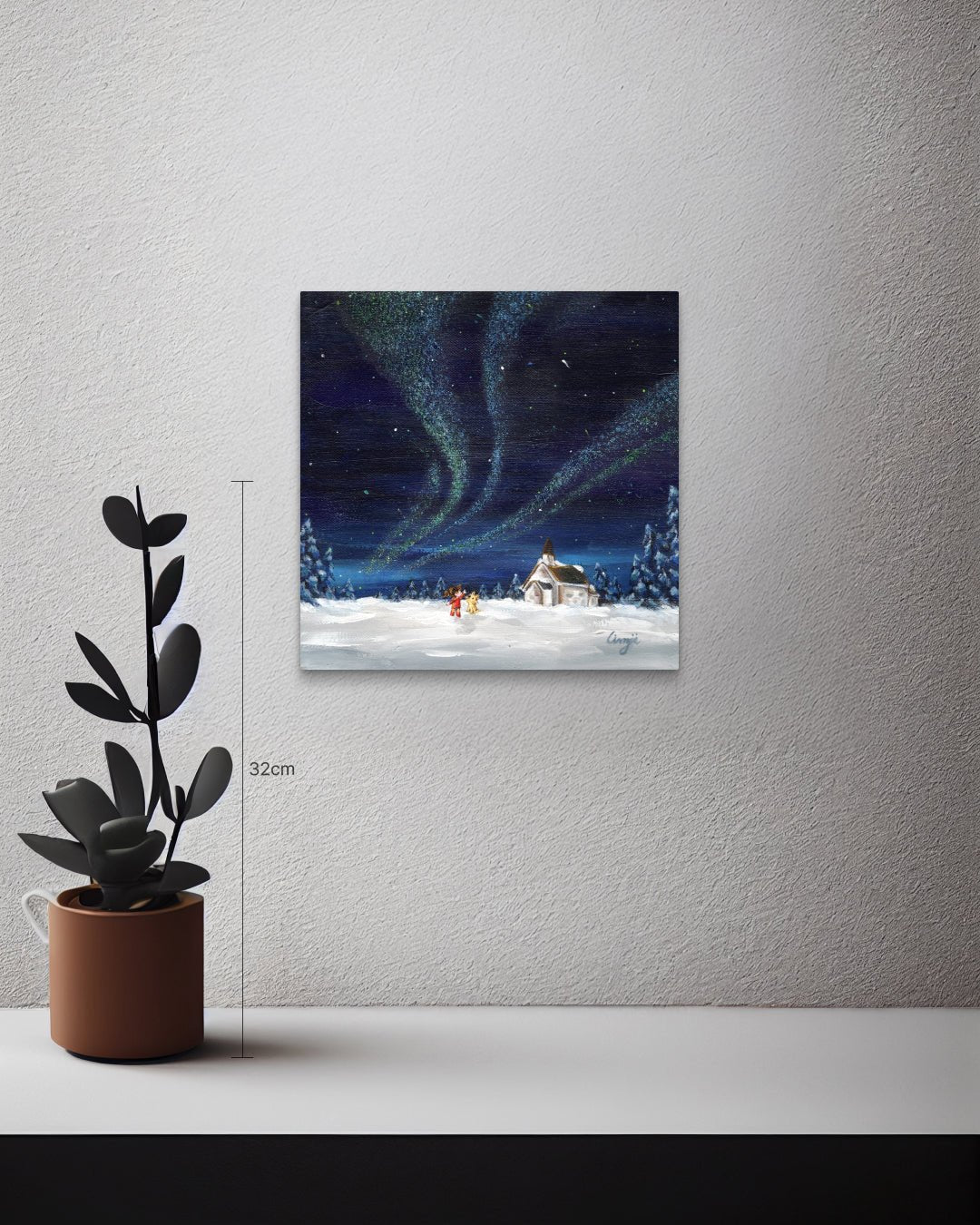 korean art, Aurora shining on a winter night 10 - DOKHBI $1000 ARTWORKS Mint ARTWORKS dokkaebi dokebi k - art Aurora shining on a winter night 10 size reference 24x24cm - original Korean painting by Mint DOKHBI