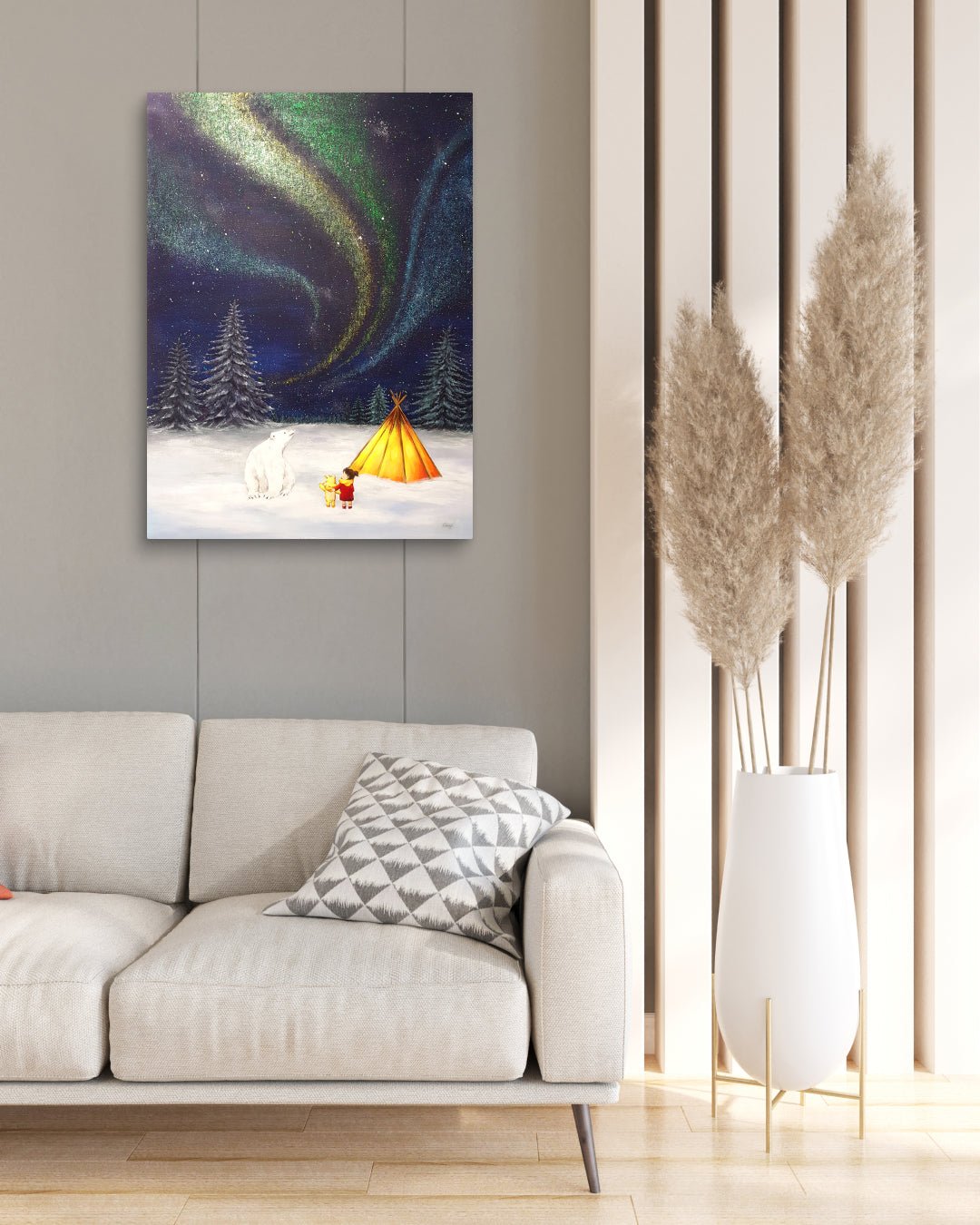 korean art, Aurora shining on a winter night 3 - DOKHBI ARTWORKS Mint Painting ARTWORKS dokkaebi dokebi k - art Aurora shining on a winter night 3 by Mint displayed in modern living room, original Korean painting 2023 DOKHBI