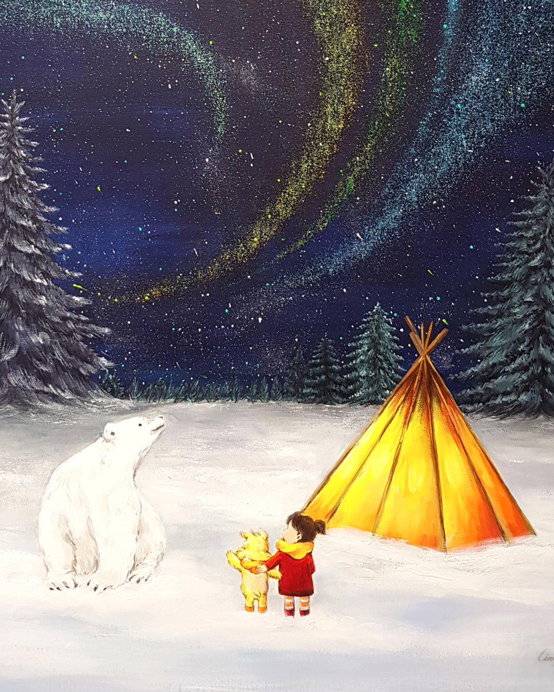 korean art, Aurora shining on a winter night 3 - DOKHBI ARTWORKS Mint Painting ARTWORKS dokkaebi dokebi k - art Aurora shining on a winter night 3 close - up detail, brushwork texture by Korean artist Mint DOKHBI