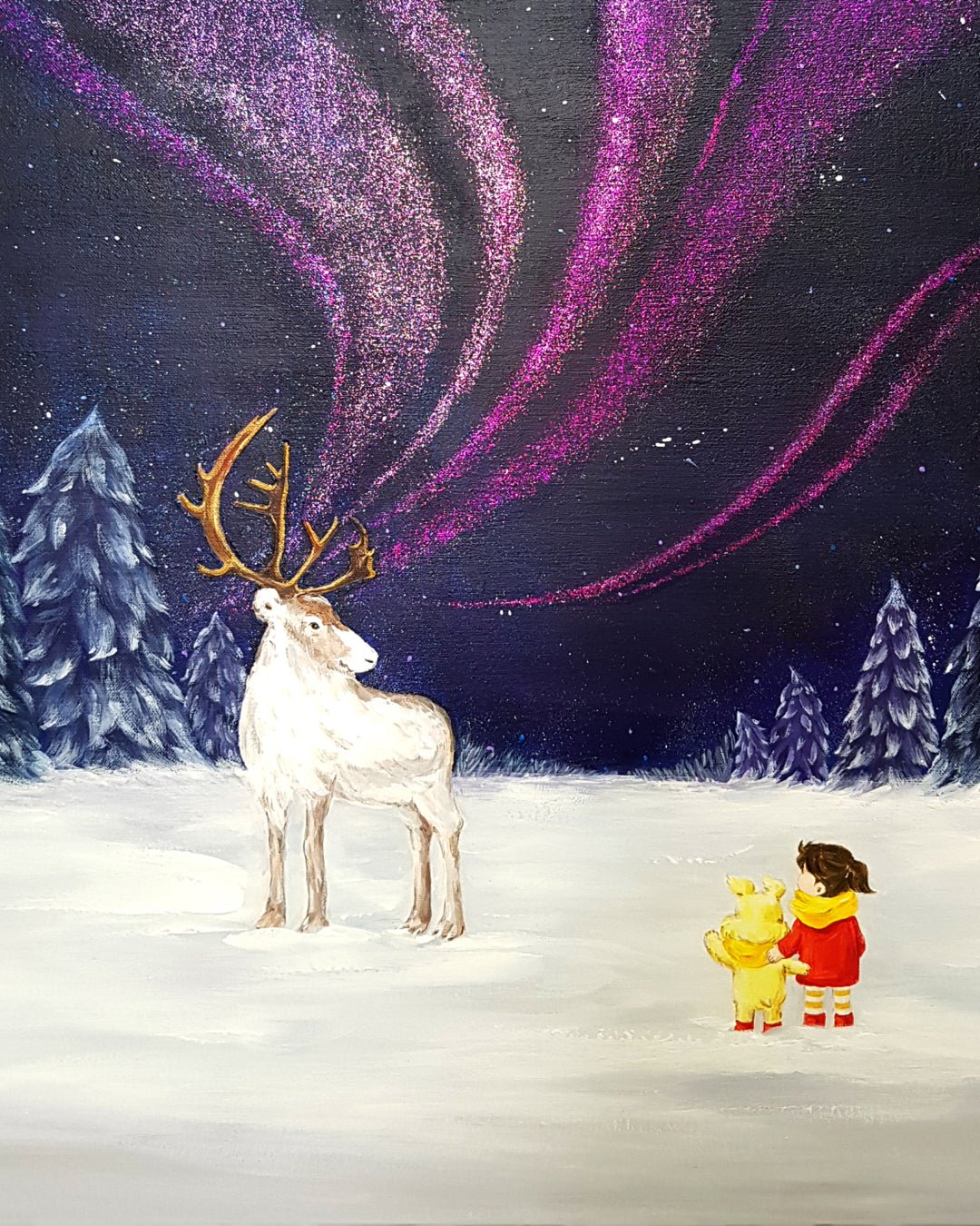 korean art, Aurora shining on a winter night 5 - DOKHBI ARTWORKS Mint Painting ARTWORKS dokkaebi dokebi k - art Aurora shining on a winter night 5 close - up detail, brushwork texture by Korean artist Mint DOKHBI